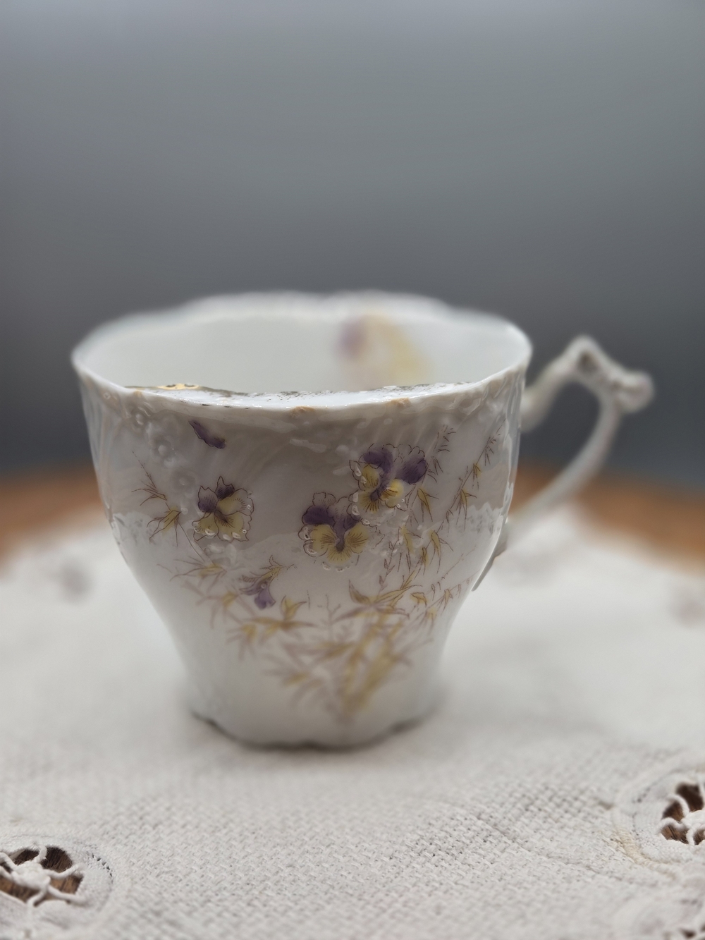 Antique Weimar Germany Porcelain Mustache Teacup Pansy Floral Pattern c. 1905-24